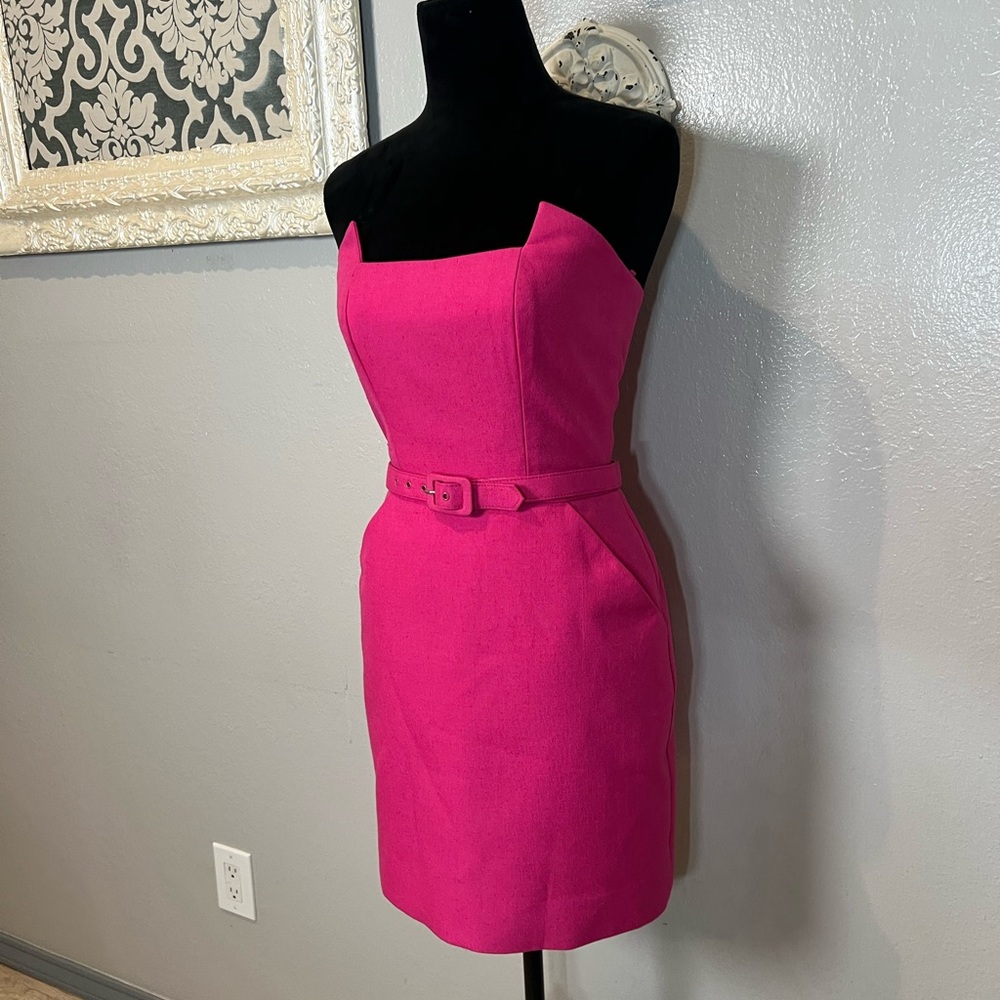 Victor Costa Vibrant Pink Strapless Sheath Dress with Belt - Picture 6 of 12